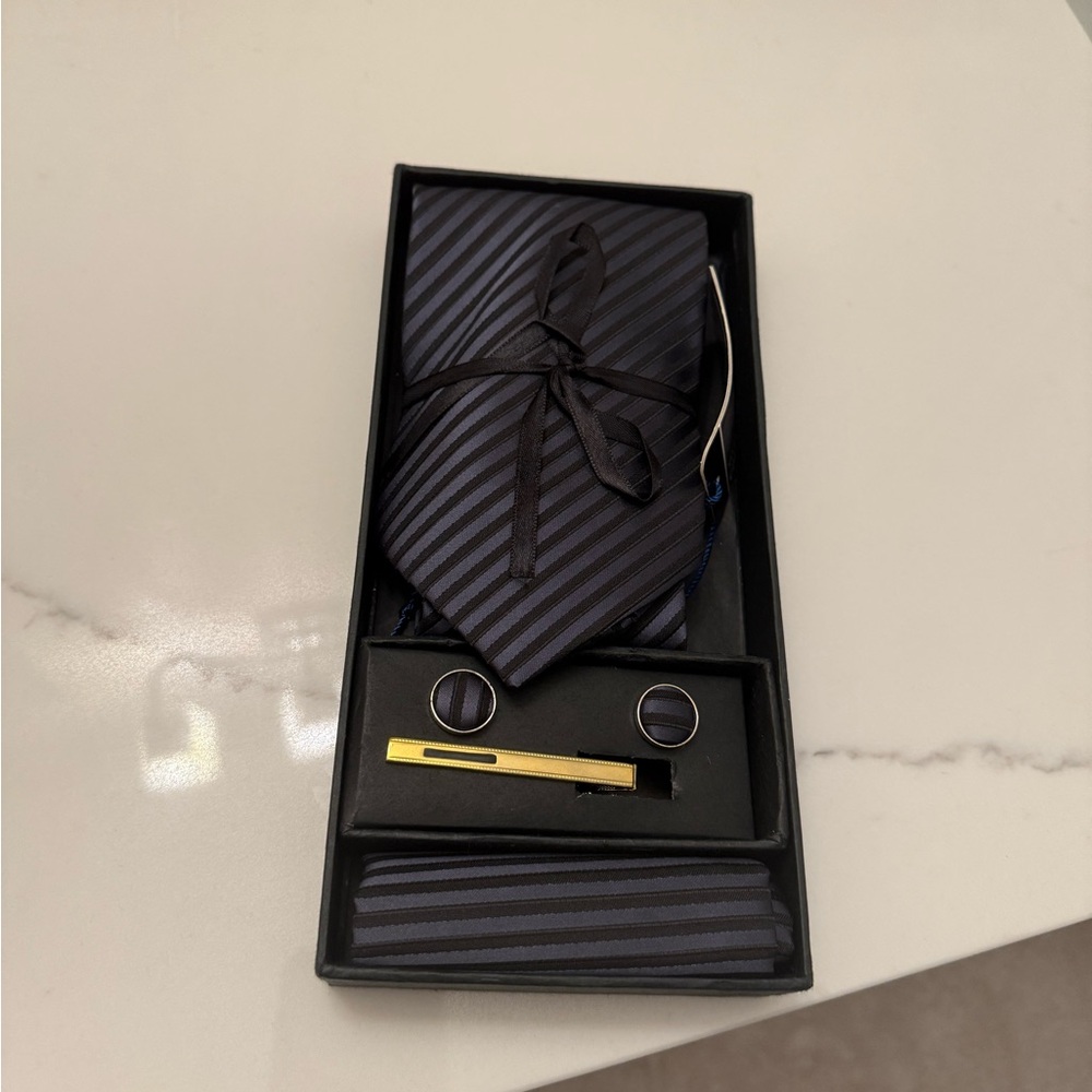 Sophisticated Black and Gray Striped Tie Set